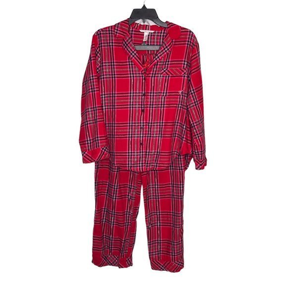 Victoria's Secret Small S Red Pink Shimmer Plaid Flannel Cotton Modal Pajama Set - Picture 2 of 6